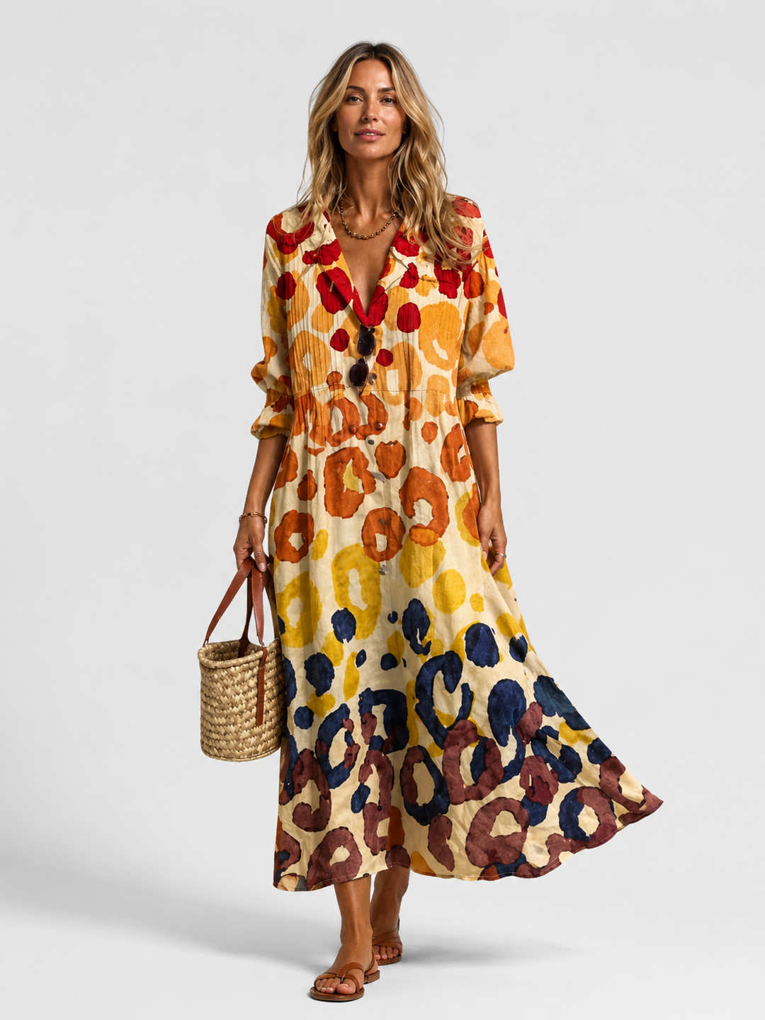 Women's elegant printed midi dress with a vibrant summer pattern, perfect for casual or vacation wear.