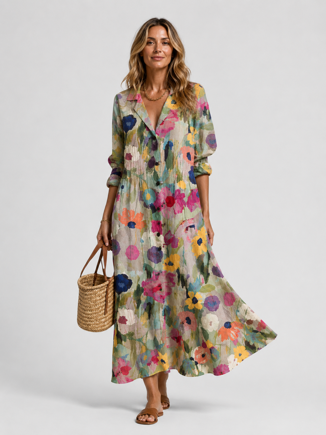 Flowy women's printed midi dress, comfortable for summer, offering effortless style and a relaxed fit.