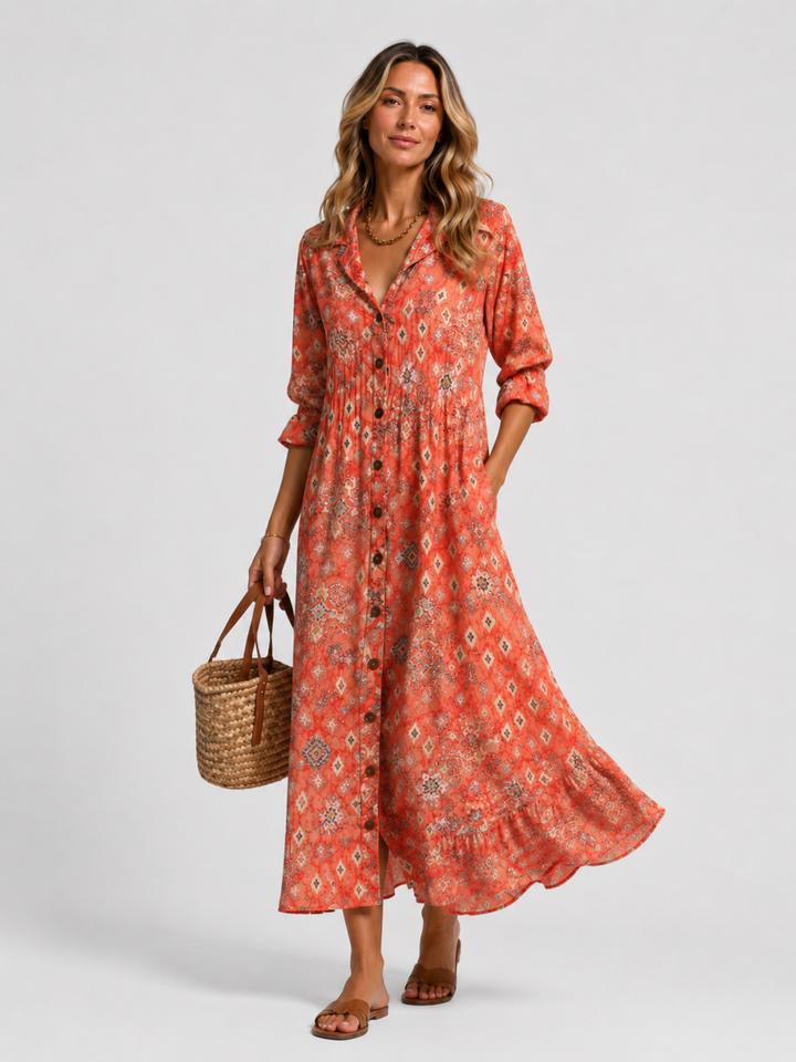 Chic women's printed midi dress with a flattering silhouette, perfect for effortless summer style.