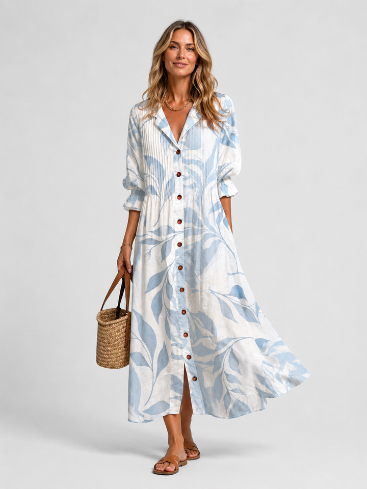 Vibrant women's printed midi dress, a comfortable and stylish choice for summer elegance and vacation.