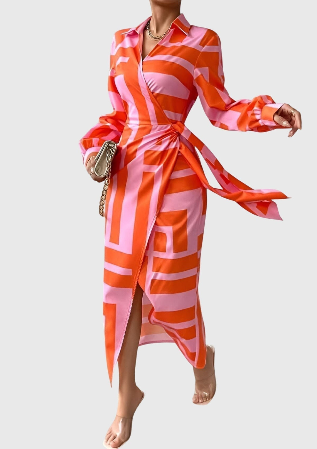 Women's elegant printed wrap dress, long, flattering, perfect for summer fashion.