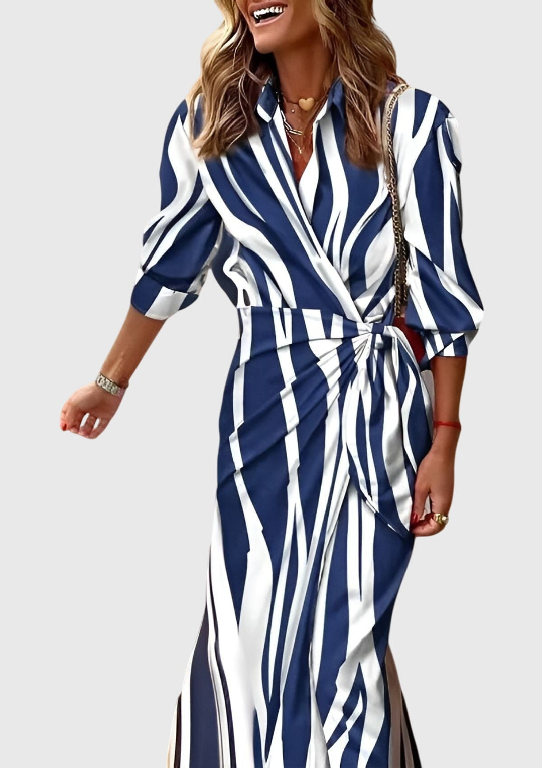 Women's elegant floral printed wrap dress, flattering long style for summer chic.