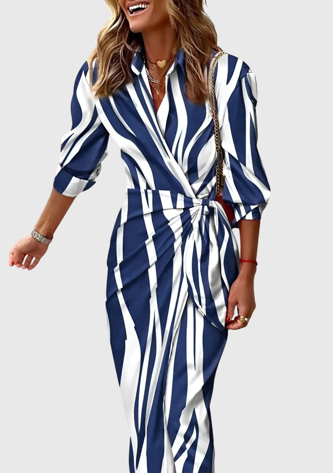 Elegant women's printed wrap dress, perfect versatile piece for spring to evening.