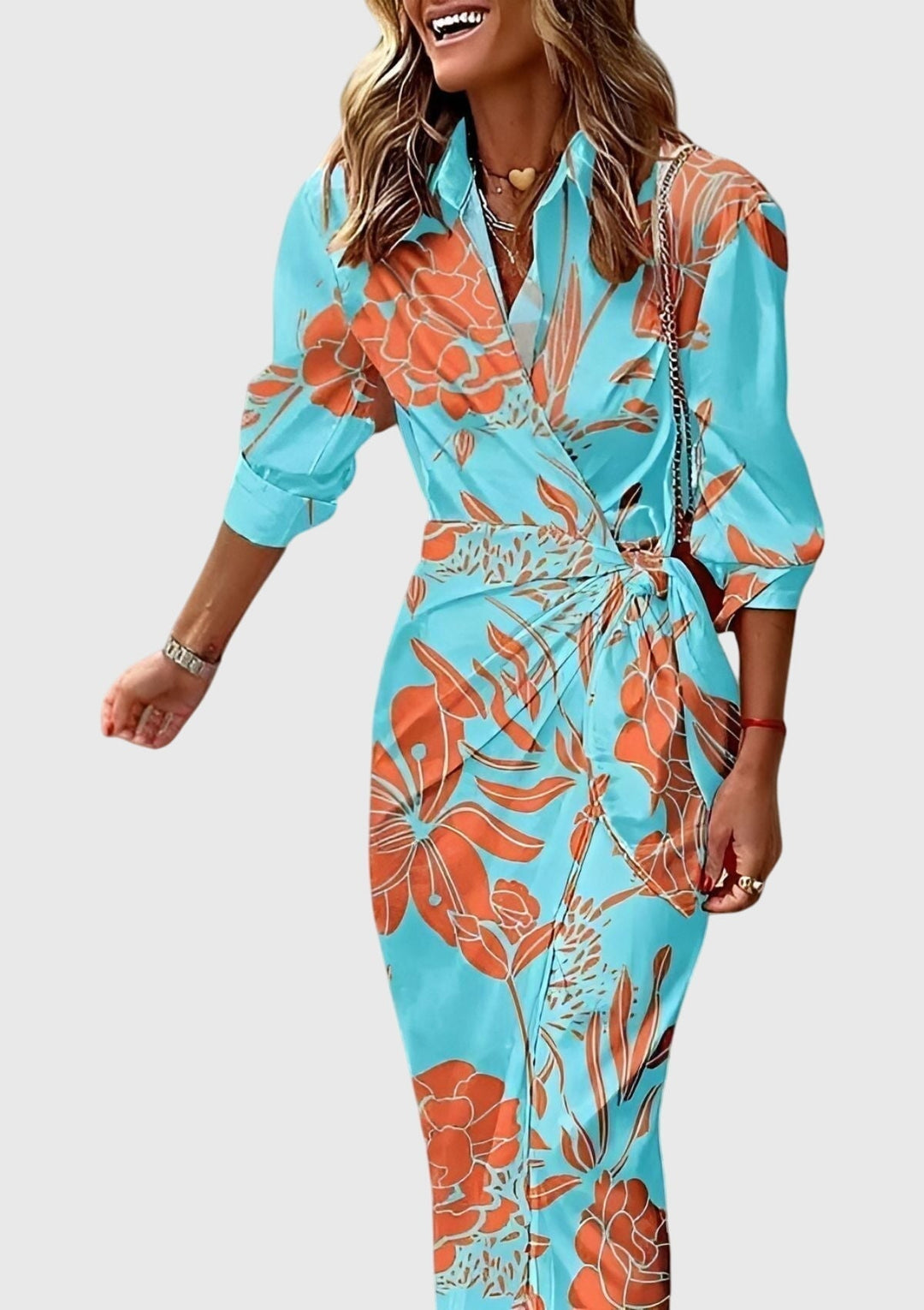 Versatile women's elegant printed wrap dress, chic spring/summer essential, flattering.