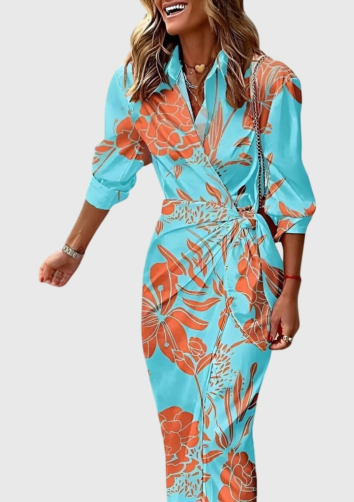 Versatile women's elegant printed wrap dress, chic spring/summer essential, flattering.