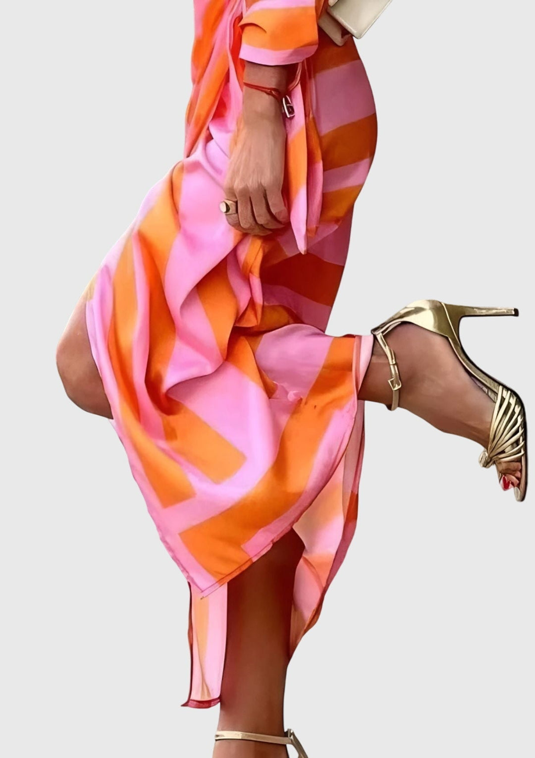 Flattering women's wrap dress, elegant long cut, perfect for casual or evening occasions.
