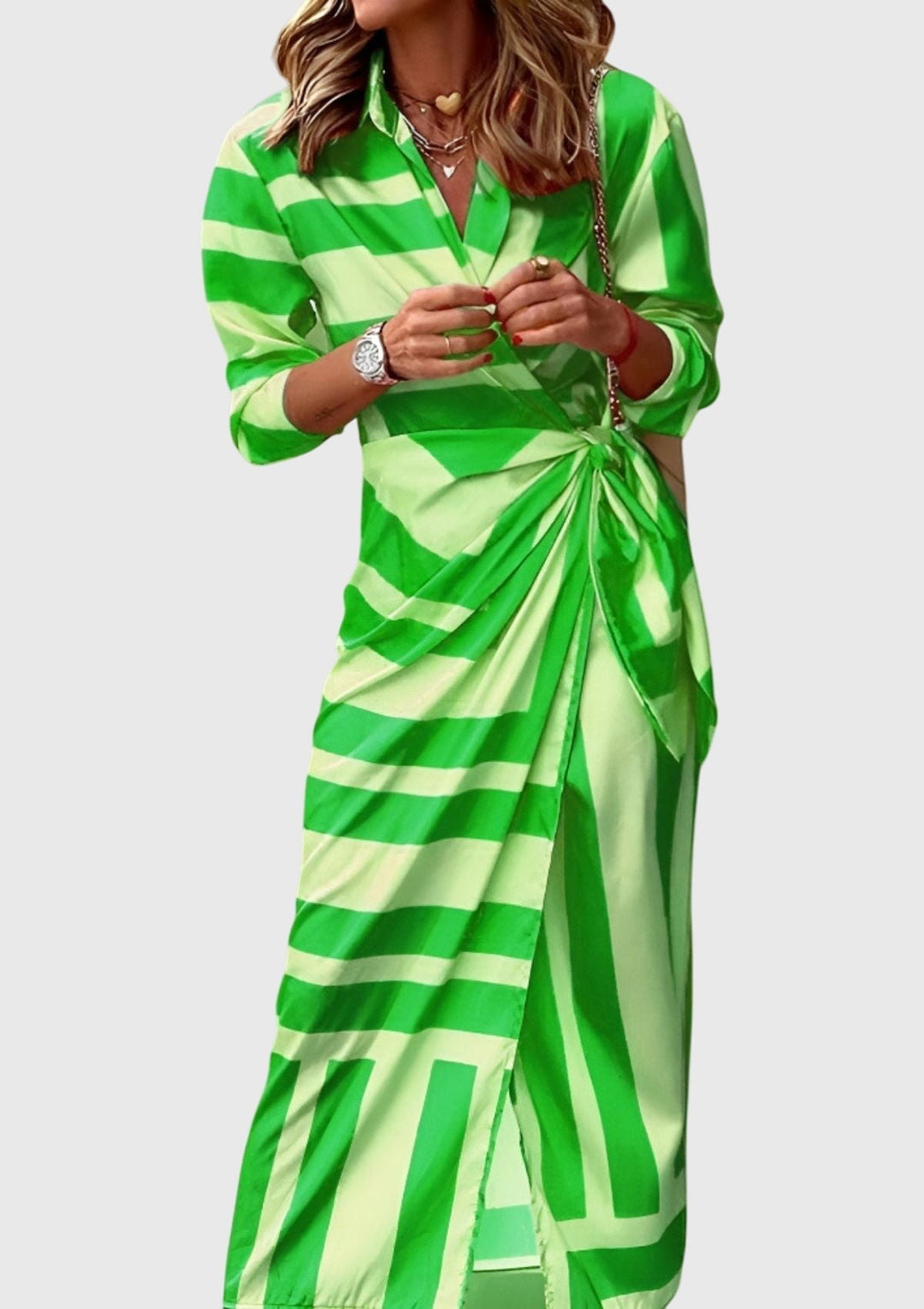 Comfortable women's printed wrap dress, versatile for casual or elegant events.