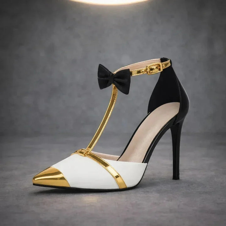 Women's dress shoes: purple bow pointed-toe stiletto heels, featuring a slender ankle strap.