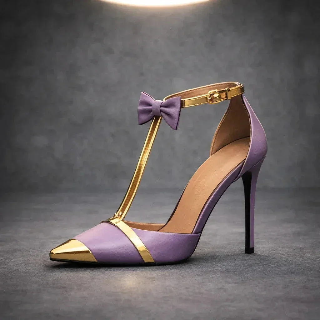 Sophisticated women's high heels: lavender stiletto with a pointed toe, bow, and ankle strap.