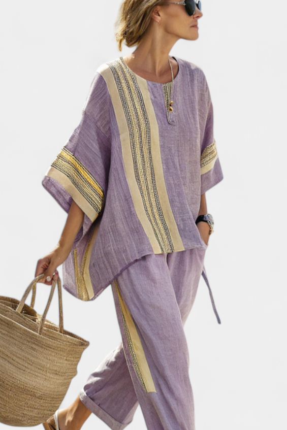 Bohemian striped green & yellow women's set, relaxed top & comfortable trousers. Versatile style.
