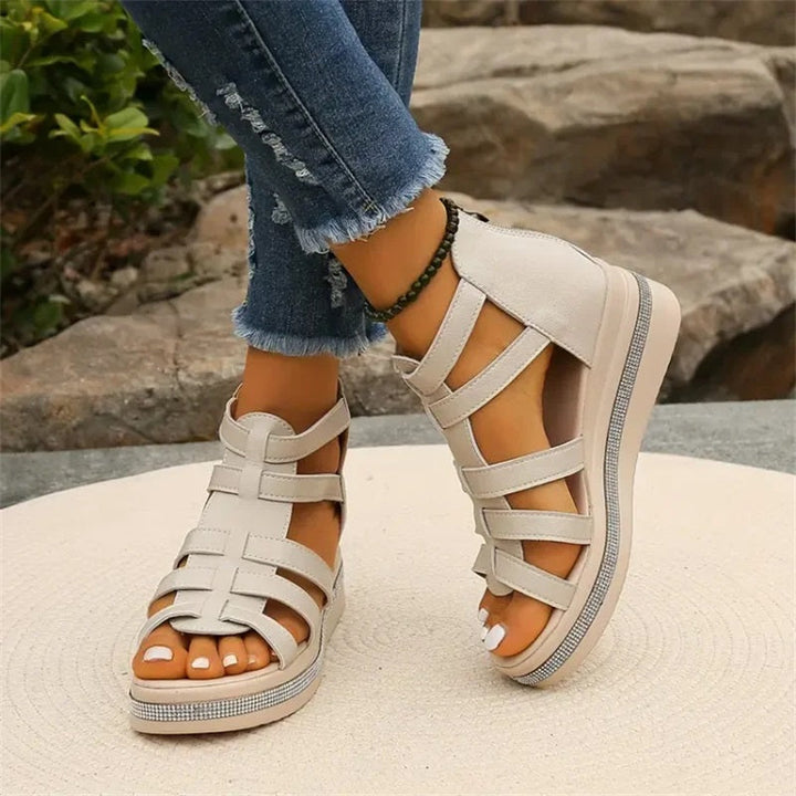 Comfortable and chic women's wedge sandals, adorned with elegant rhinestones for versatile wear.