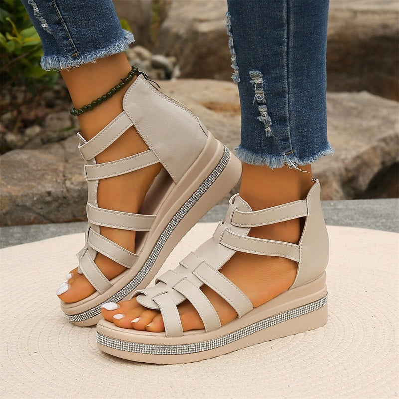 Comfortable slip-on women's wedge sandals, featuring chic rhinestone details for summer fashion.