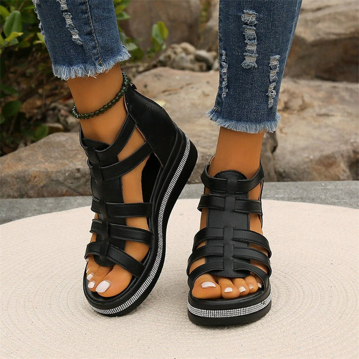 Stylish women's elegant rhinestone wedge sandals, great for casual or evening wear.