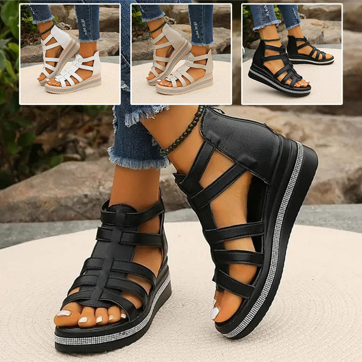 Fashionable women's summer wedge sandals, adorned with brilliant rhinestones for a dazzling look.