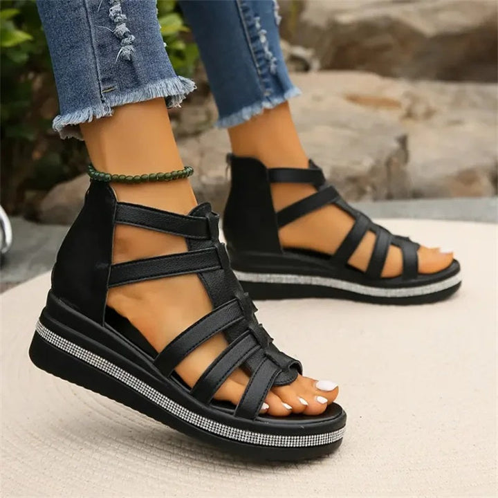 Chic women's rhinestone wedge sandals, offering elegant comfort for any summer occasion.