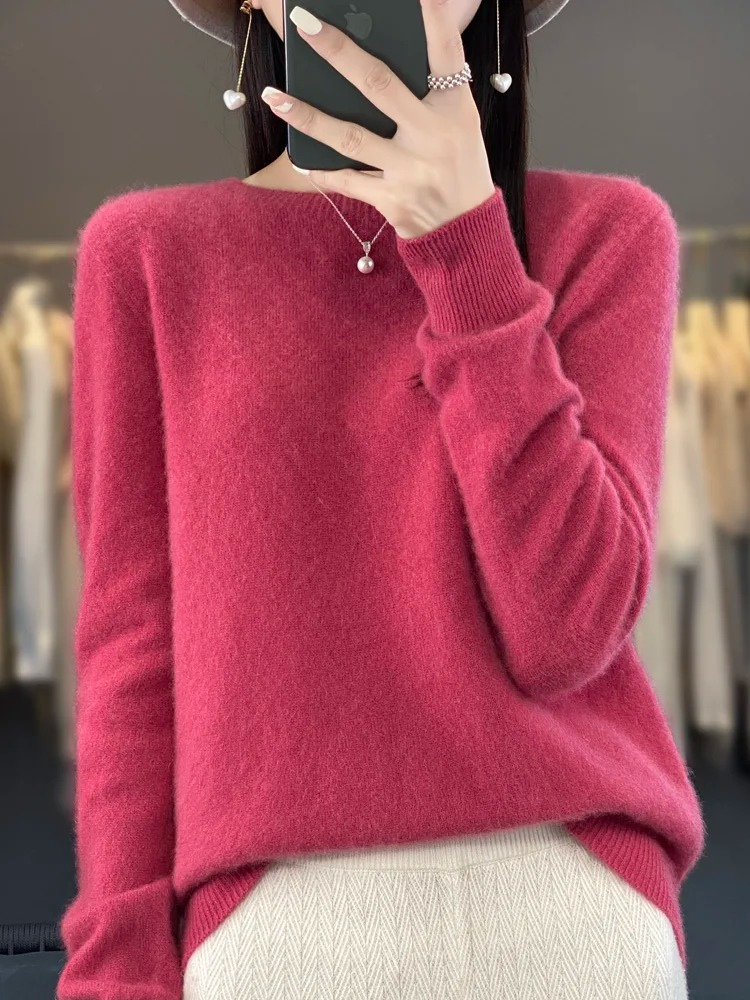 High-quality women's knit sweater with a classic crew neck, durable, elegant, and comfortable.