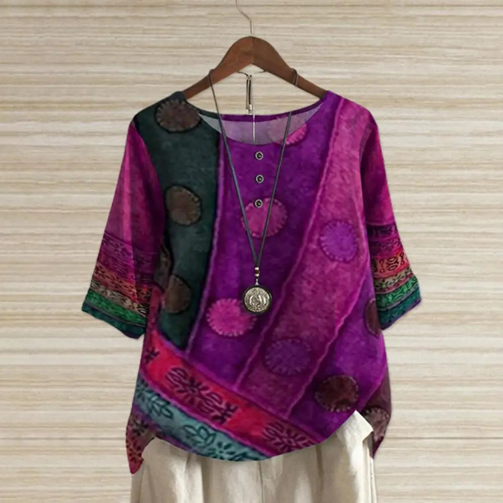 Casual yet chic women's round neck top with comfortable three-quarter sleeves.