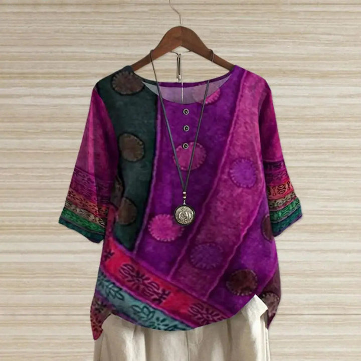 Casual yet chic women's round neck top with comfortable three-quarter sleeves.