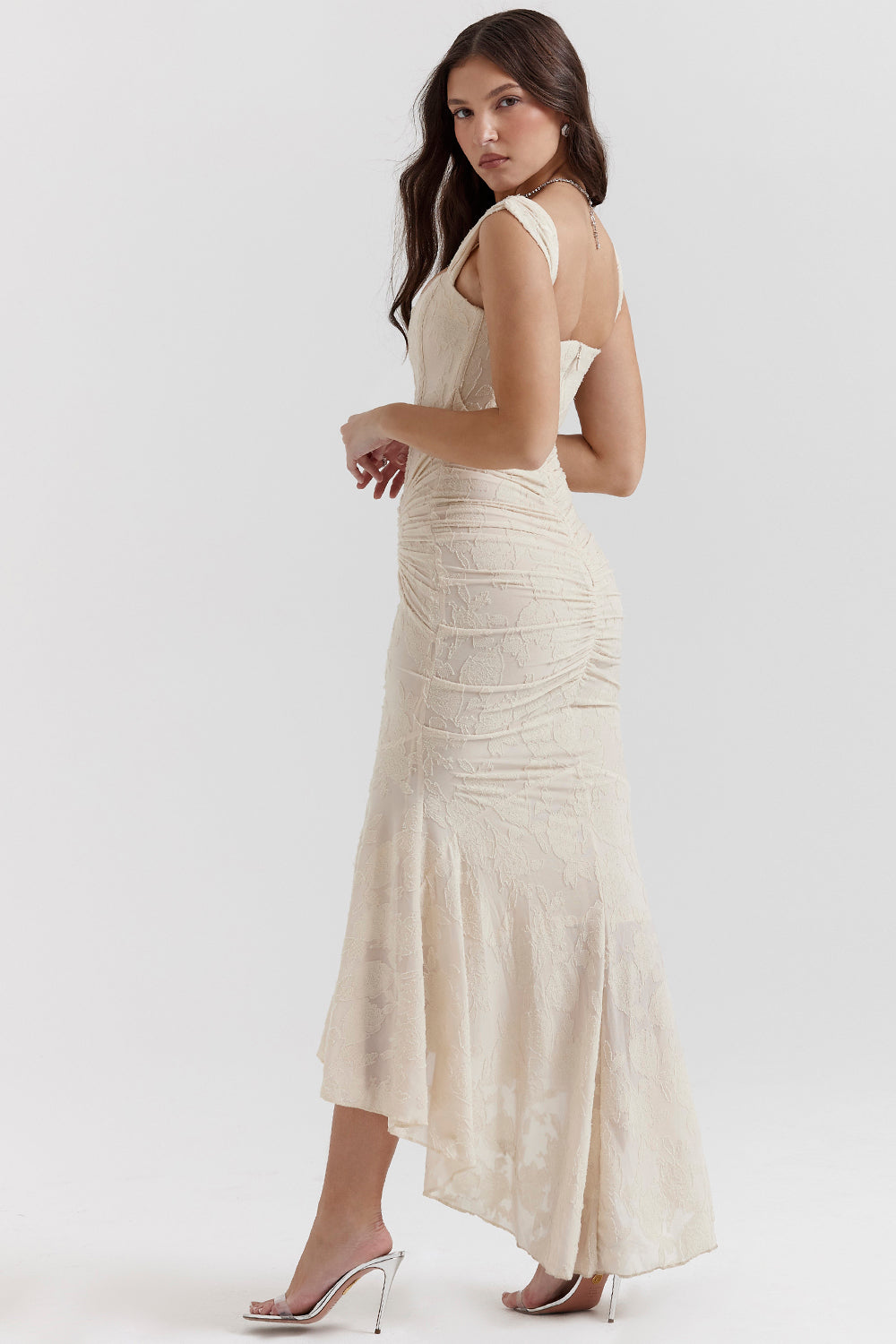 Refined ruched formal maxi dress for women, a sophisticated option for wedding guests & evening events.
