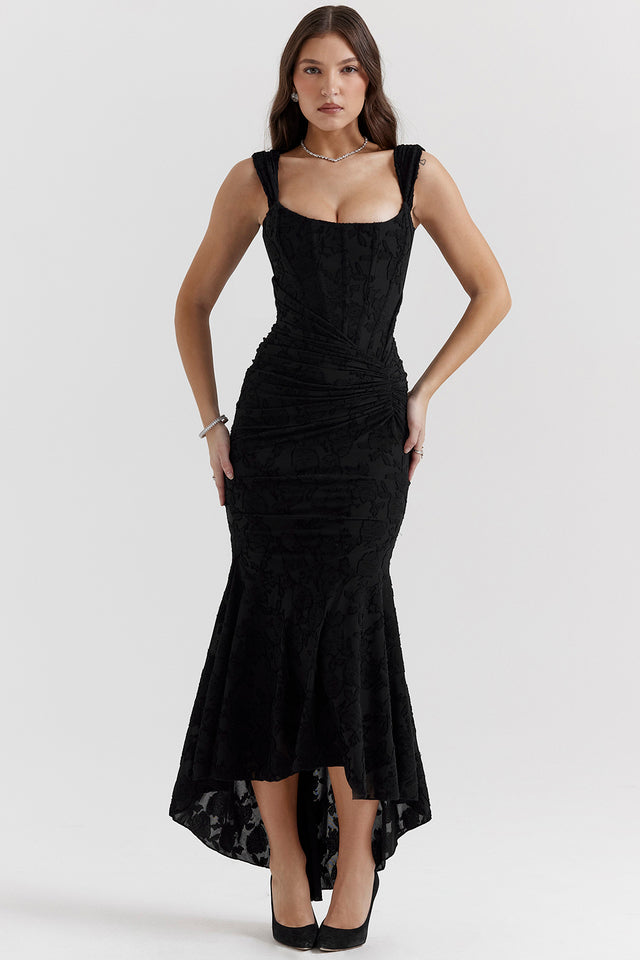 Women's elegant ruched maxi dress, ideal occasionwear for wedding guests & formal parties.