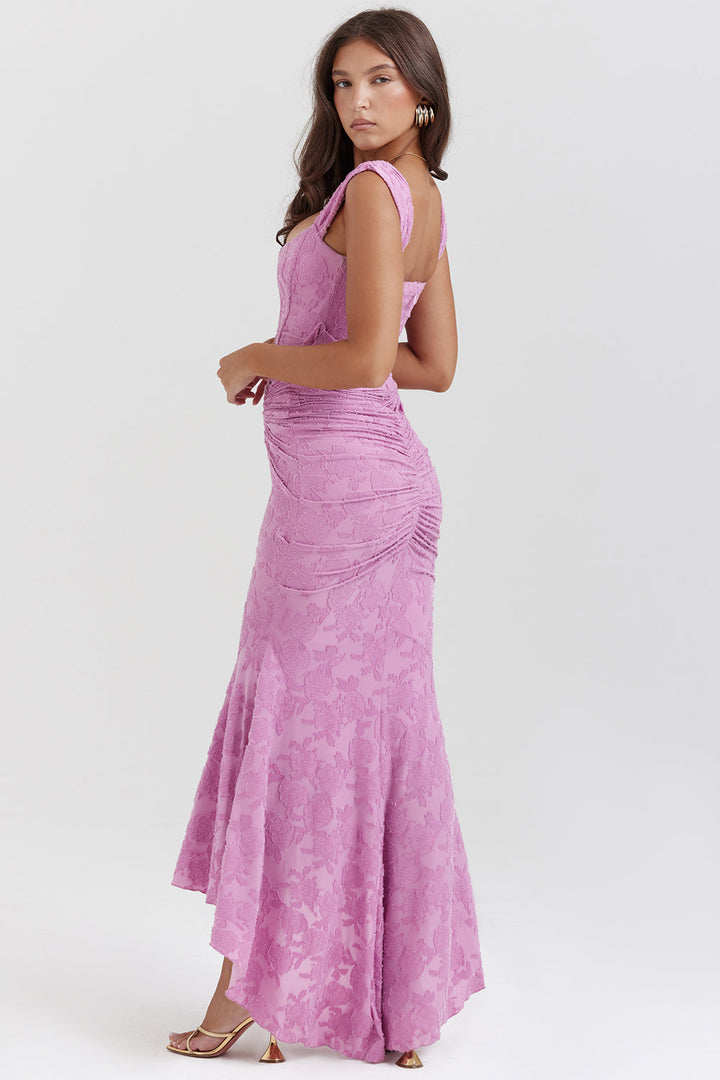 Stunning high-low ruched maxi dress for women, perfect as a wedding guest or party dress.