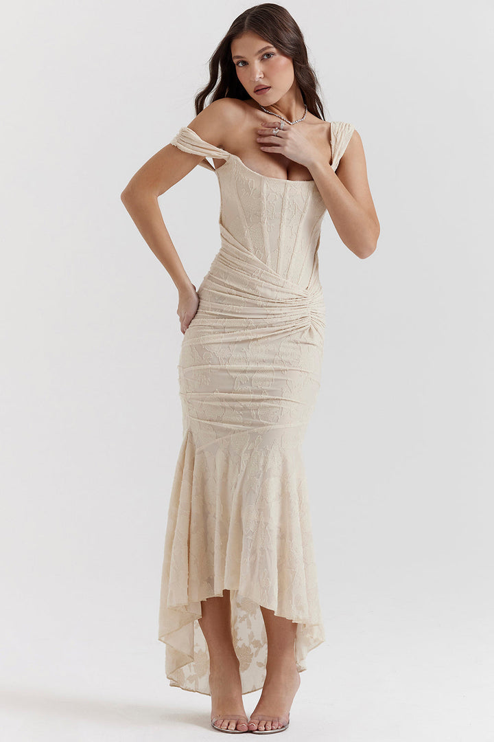 Flattering ruched maxi dress for women, comfortable & stylish for wedding guests & formal events.