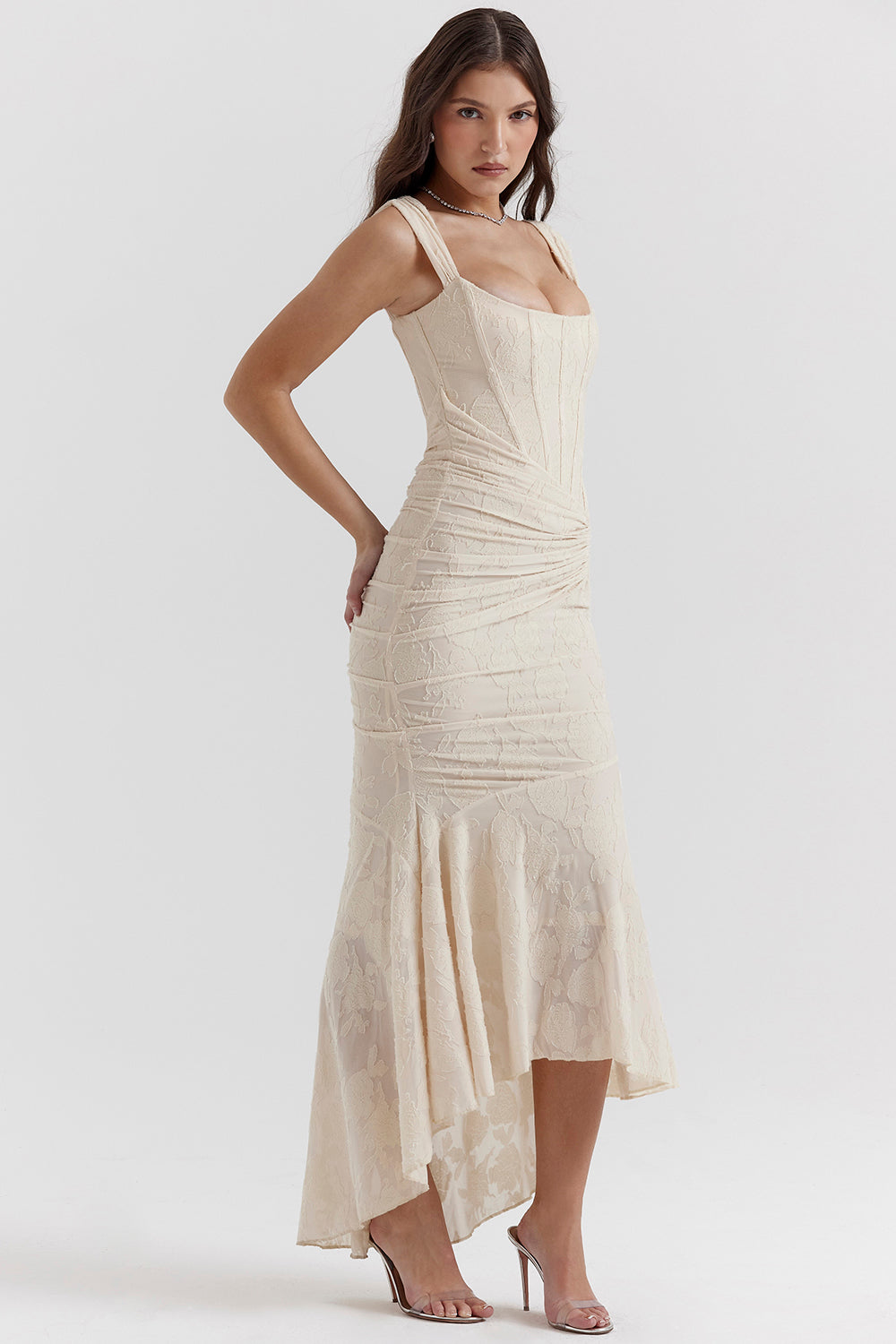 Flowing ruched maxi dress, an elegant choice for women attending weddings, galas, or formal parties.