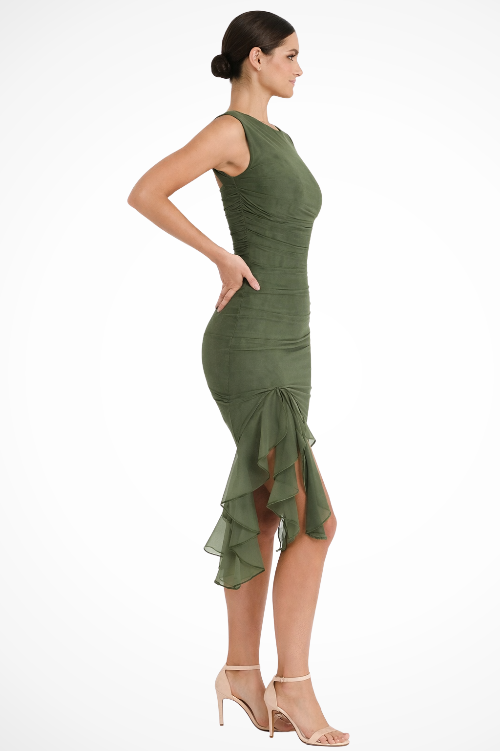Chic women's fitted midi dress, ruched design & elegant ruffle slit for special occasions.
