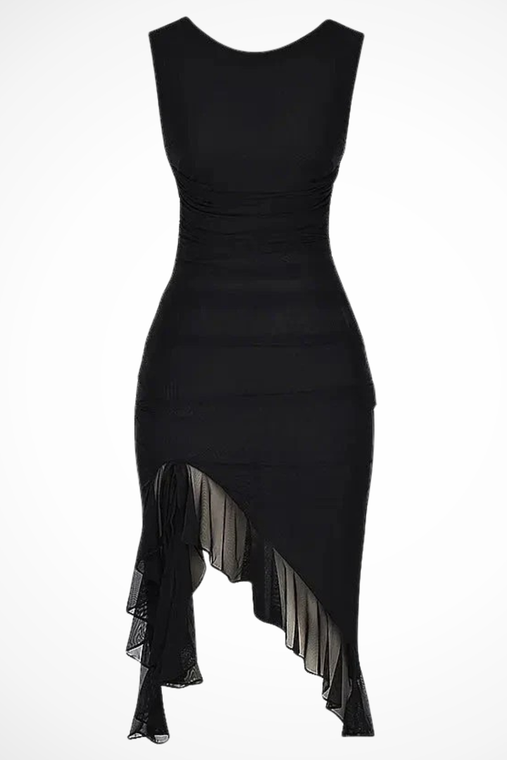 Women's chic ruched midi dress, sleeveless, featuring an elegant asymmetrical ruffle slit.