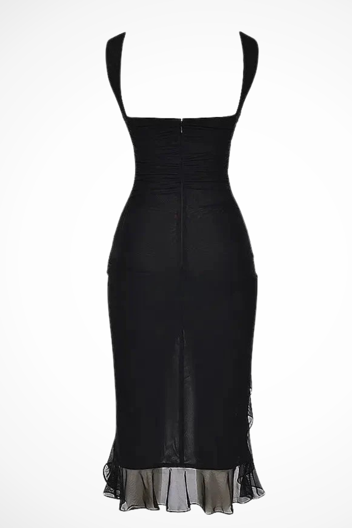 Fashionable fitted midi dress for women, ruched, with a stylish ruffle slit, party ready.