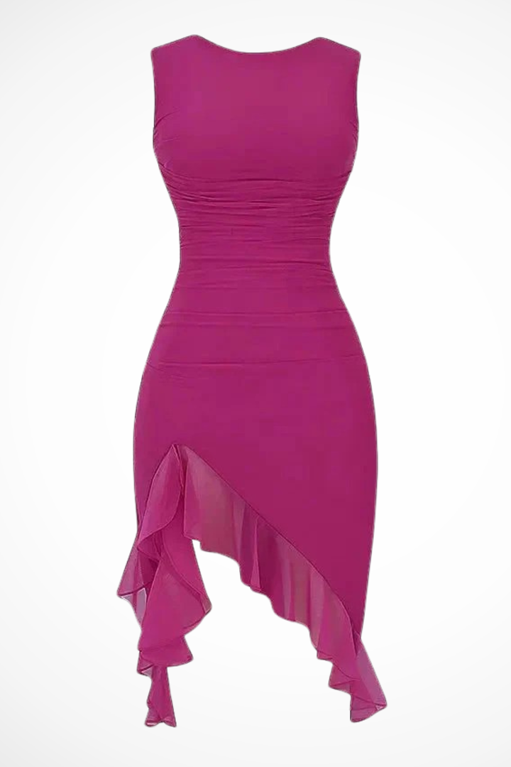 Elegant ladies' summer midi dress, sleeveless, ruched, and a graceful ruffle slit.