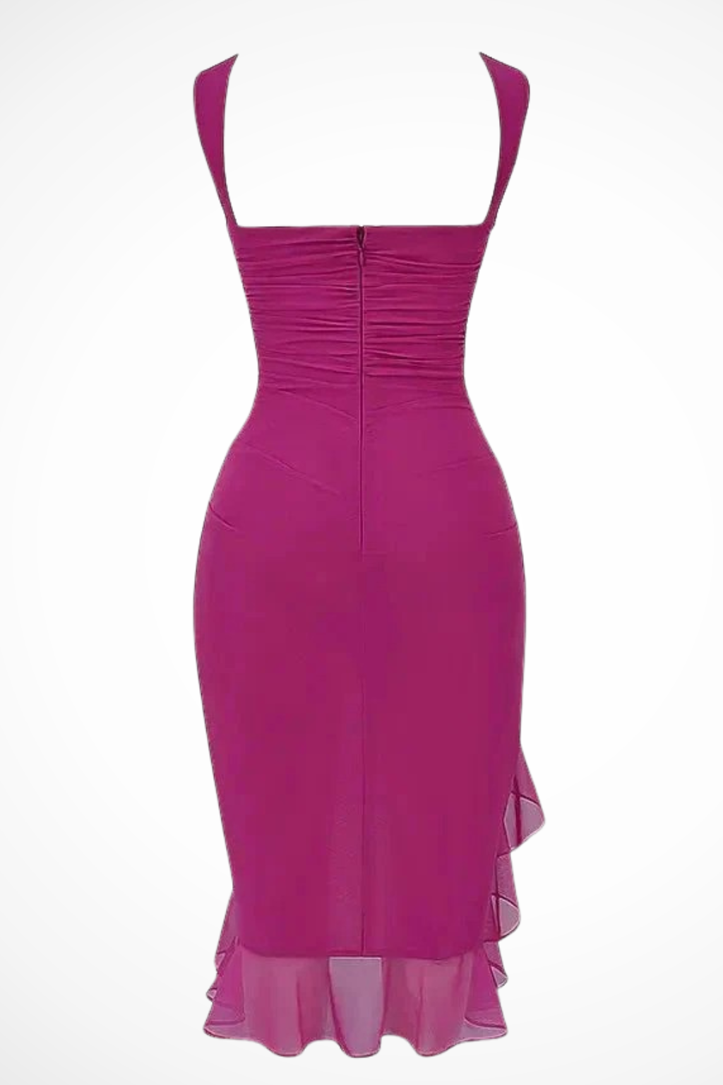 Women's occasion wear: elegant ruched midi dress, sleeveless with a beautiful ruffle slit.