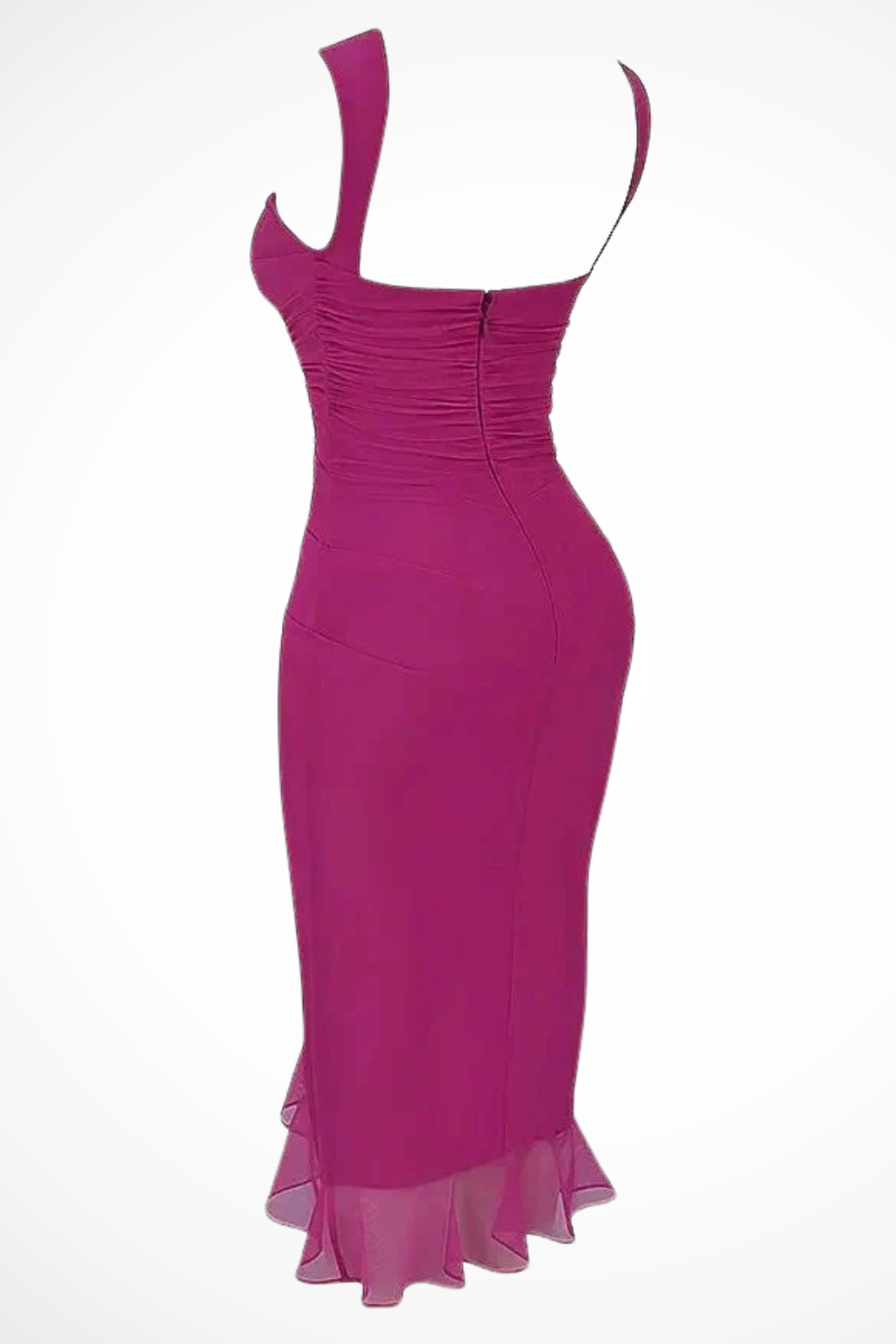 Stylish party midi dress for women, featuring a flattering ruched body and ruffle slit.