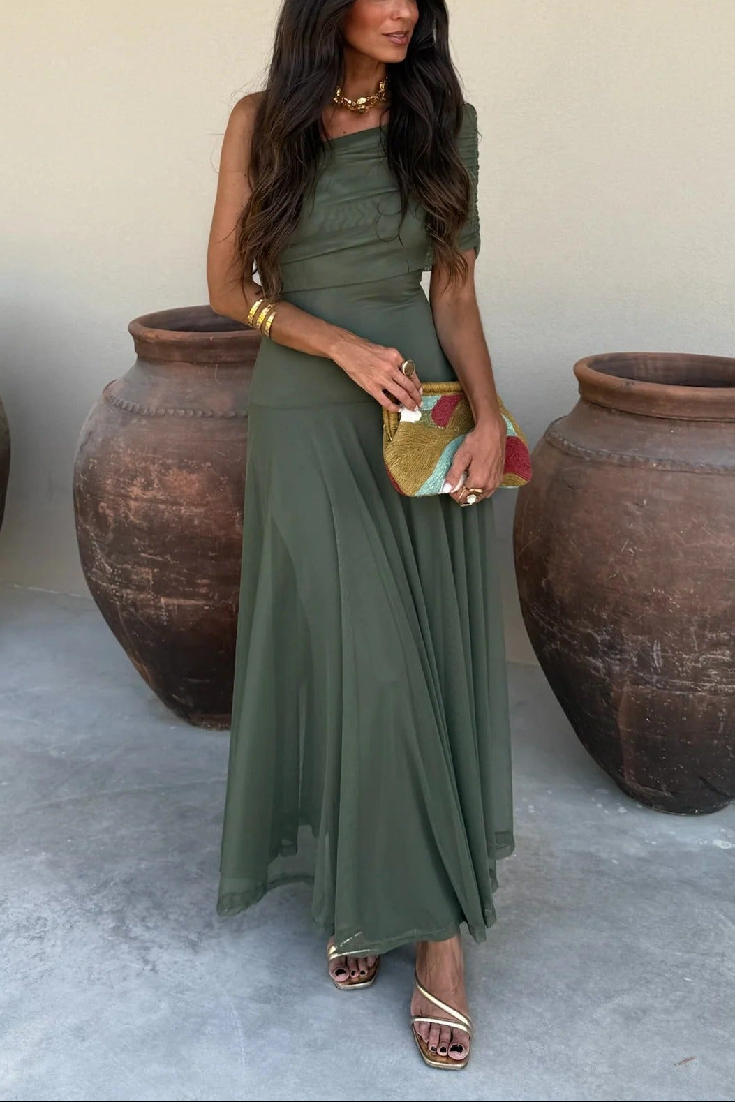 Sophisticated women's summer dress, a one-shoulder ruched flowy maxi perfect for romantic evenings.