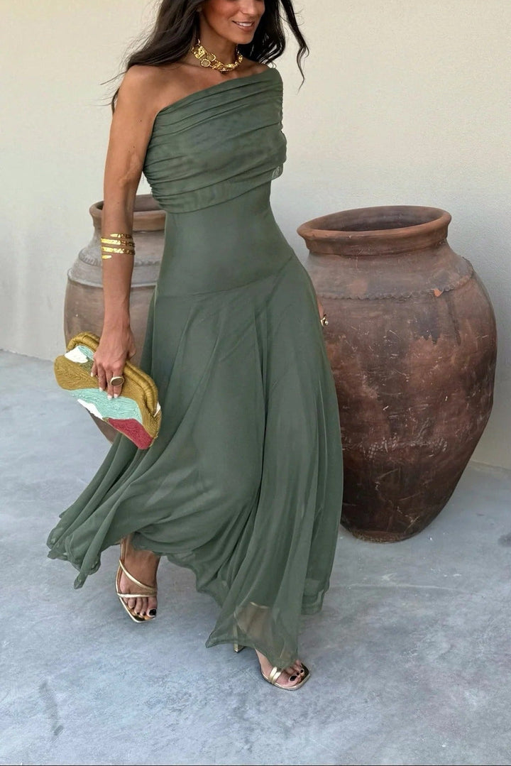 Women's elegant ruched one-shoulder maxi dress, a flowy summer style perfect for any special occasion.