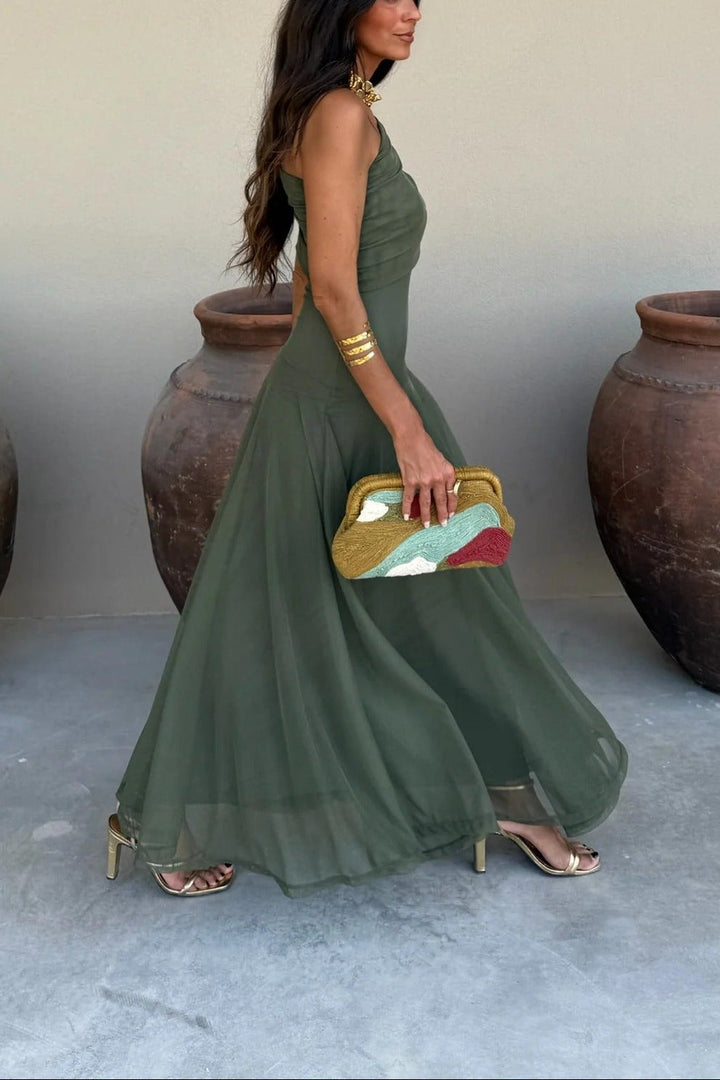 Comfortable flowy women's maxi dress with a stylish ruched one-shoulder, ideal for summer events & parties.