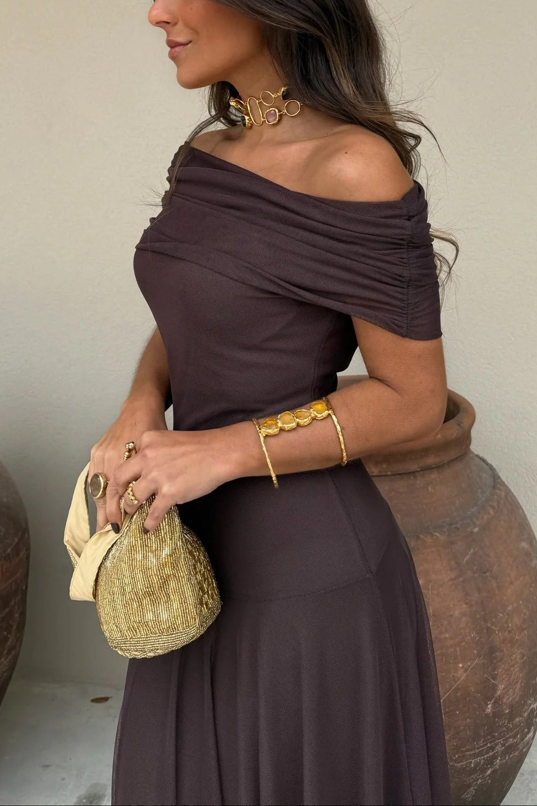 Chic women's one-shoulder ruched maxi dress, offering a graceful flowy summer style for parties.