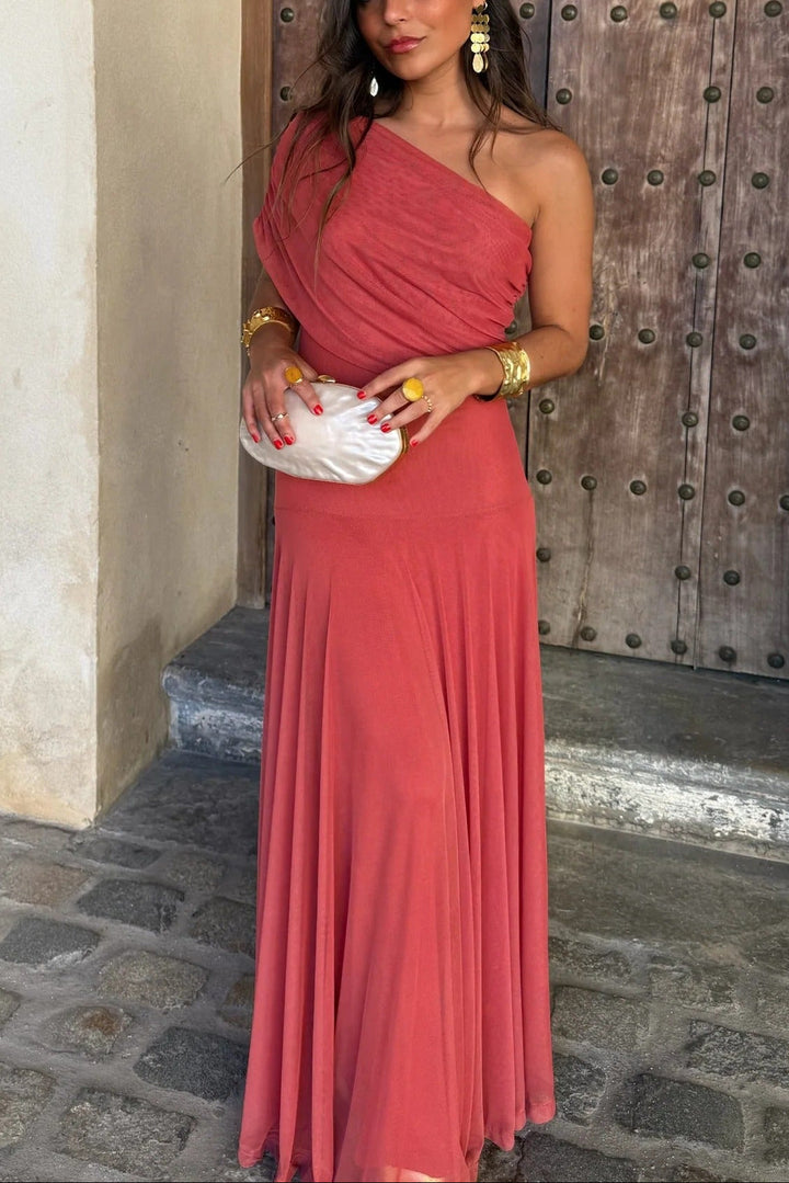 Women's graceful one-shoulder ruched maxi dress, a comfortable and stylish option for summer occasions.