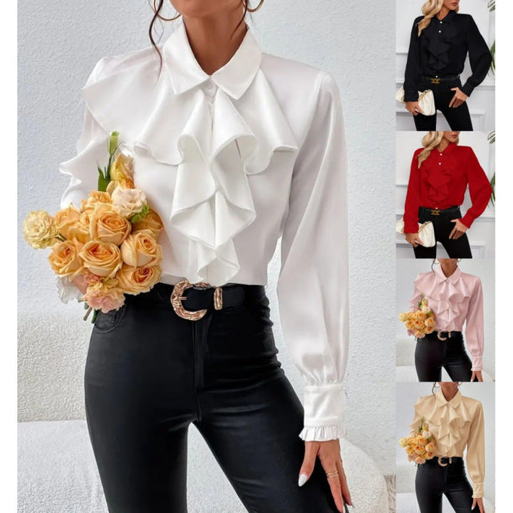 Women's elegant ruffle sleeve blouse in classic white, chic fashion top.