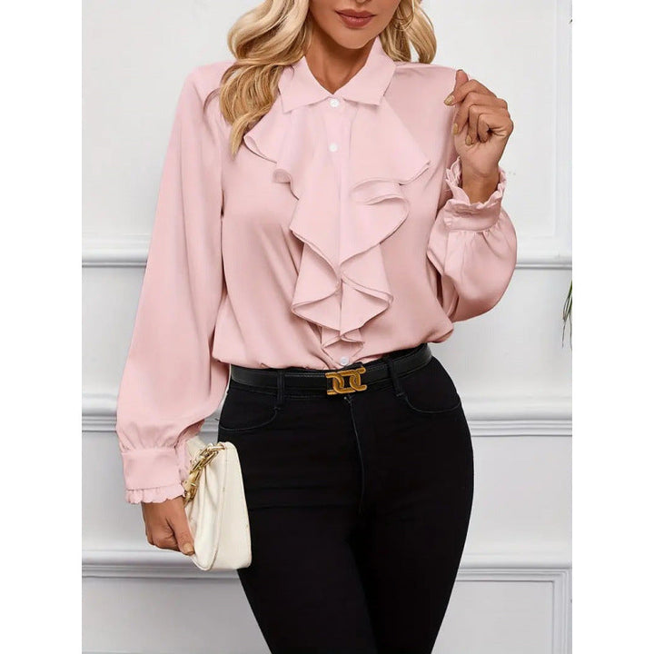 Versatile women's fashion top with elegant ruffle sleeves, perfect for day to night.
