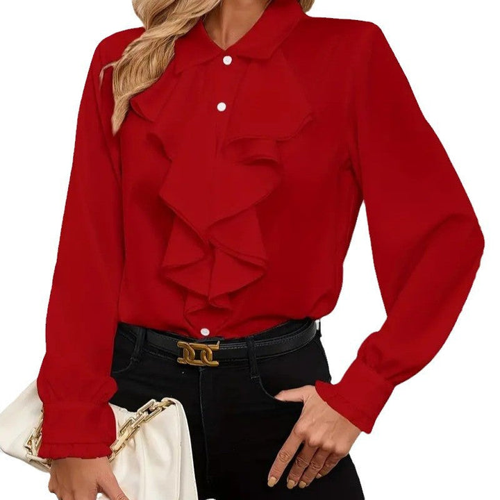 Lightweight and breathable women's blouse featuring stylish ruffle sleeves.