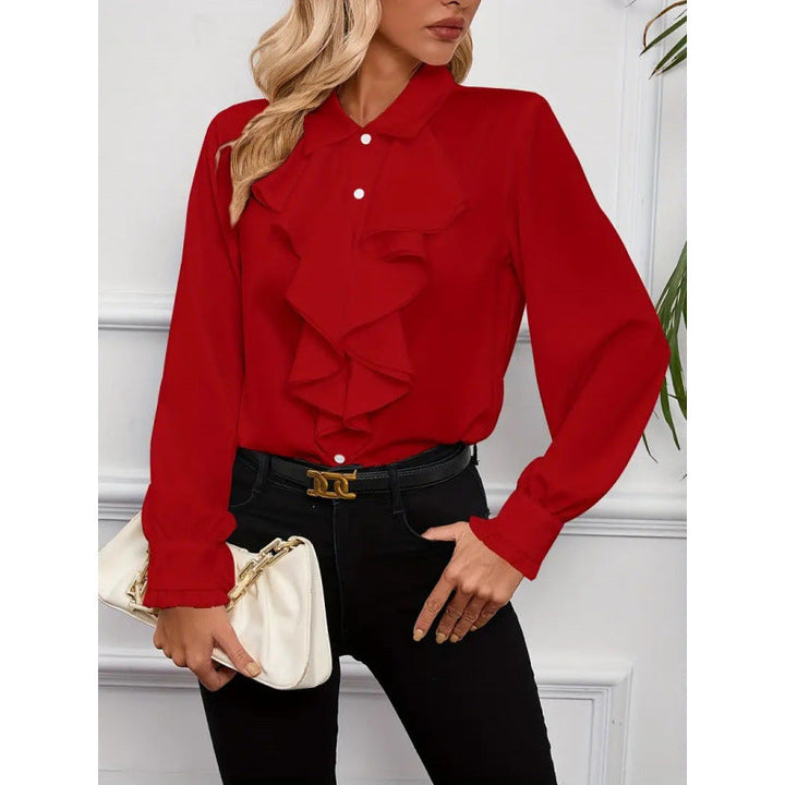A sophisticated women's blouse with unique ruffle sleeves, ideal for any occasion.