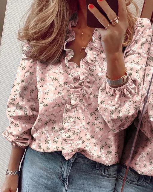 Chic women's ruffle v-neck blouse, a versatile long-sleeve top ideal for spring fashion and summer style.