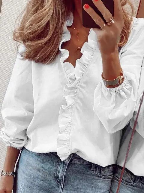 Professional women's elegant ruffle v-neck blouse, a sophisticated long-sleeve top for office wear.