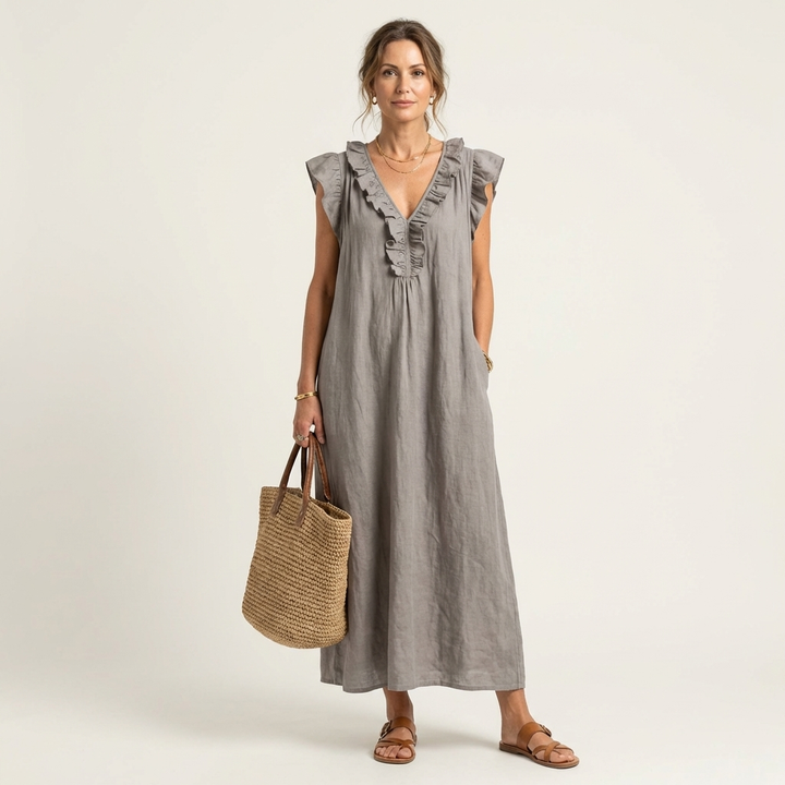 Women's elegant ruffle V-neck maxi dress, perfect for summer holidays & casual daywear. Flowy fabric.