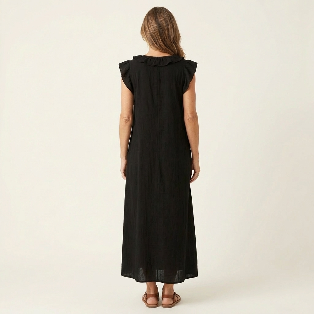 Stylish women's flowy ruffle V-neck maxi dress, offering a flattering silhouette for summer casual or holiday.