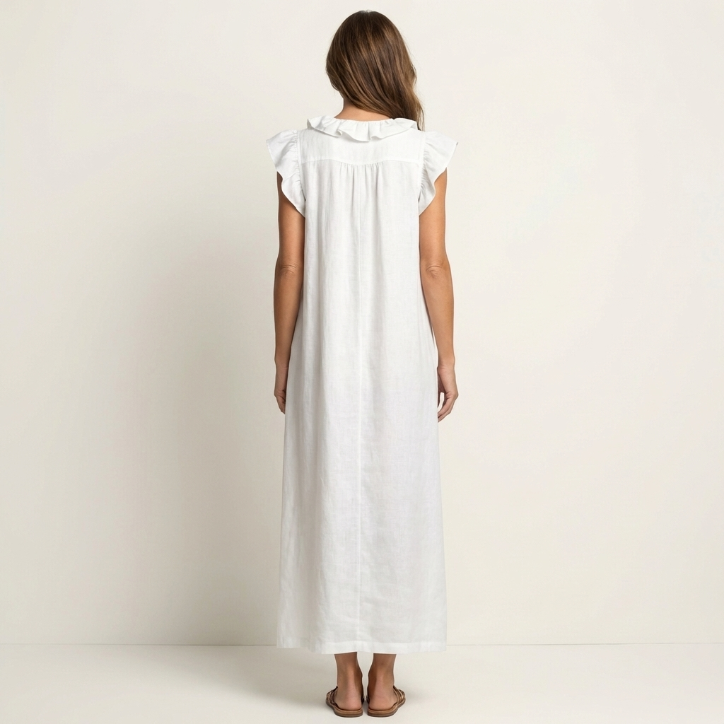 Woman confidently wearing elegant ruffle V-neck maxi dress, showcasing its chic appeal for summer days.