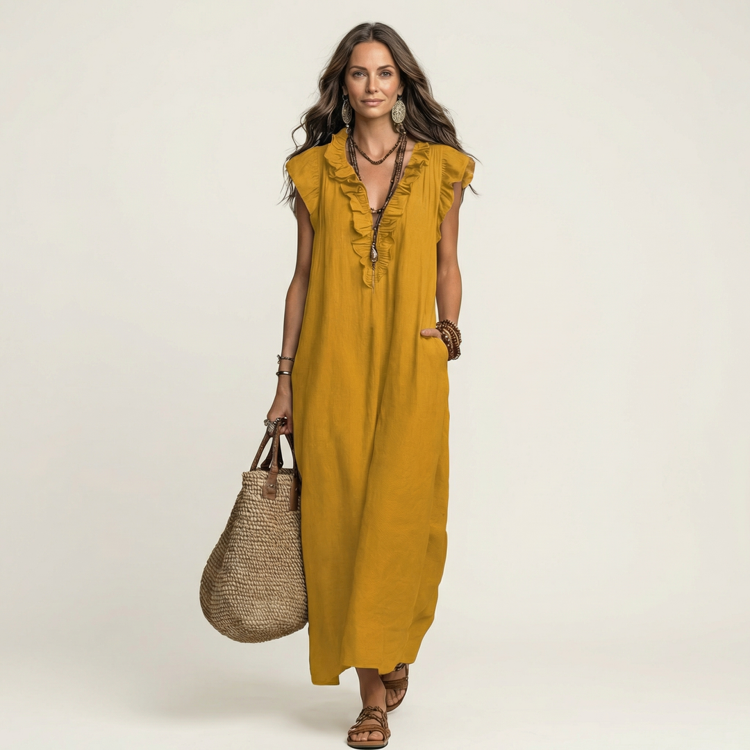 Elegant women's ruffle V-neck maxi day dress, perfect for sophisticated summer casual wear & comfortable holidays.