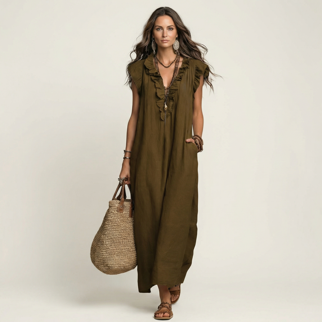 Graceful ruffle details on this women's elegant V-neck maxi dress, ideal for summer casual and holiday wear.