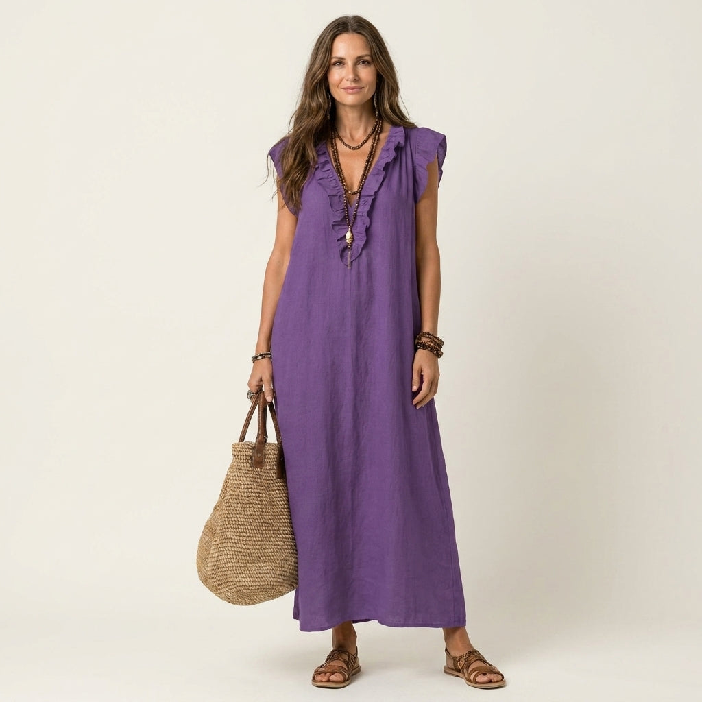 Flattering V-neck design on elegant women's ruffle maxi dress, perfect for a chic summer day or holiday look.